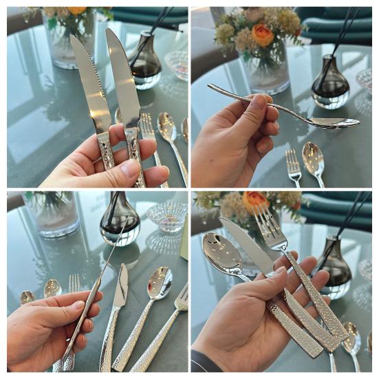 Western Food Tableware Stainless Steel Serrated Steak Knife Sharp Fork Tines Curved Spoon Dishwasher Safe Hammered Texture