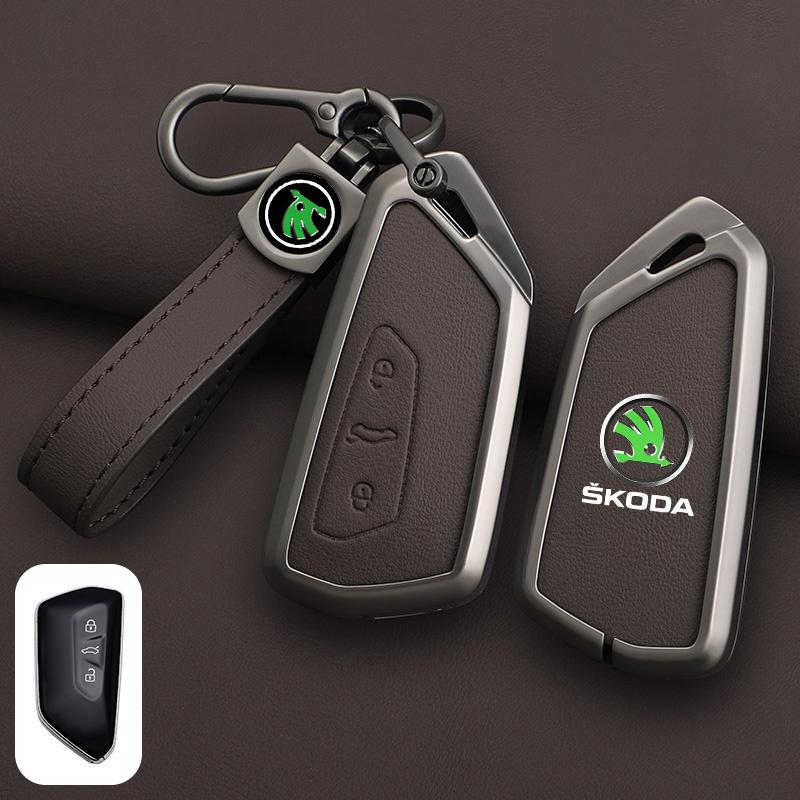 Leather Car Remote Key Case Full Cover Protector Holder Shell Fob For Skoda Superb A7 Kodiaq Octavia A7 A8 Keychain Accessories HJ1