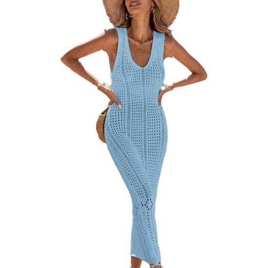 Women Beach Cover Up Sundress V Neck Crochet Hollow Out Maxi Dress Knitted Adjustable Straps Sun Protection Beachwear