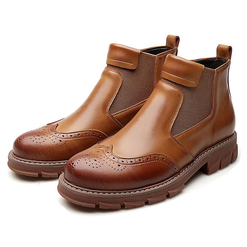 Ручная работа Плюс С Мехом Мужские Ботинки Челси Из Натуральной Кожи Высокого Качества Ретро Броги Туфли На Платформе Водонепроницаемые Ботинки Для Мужчин