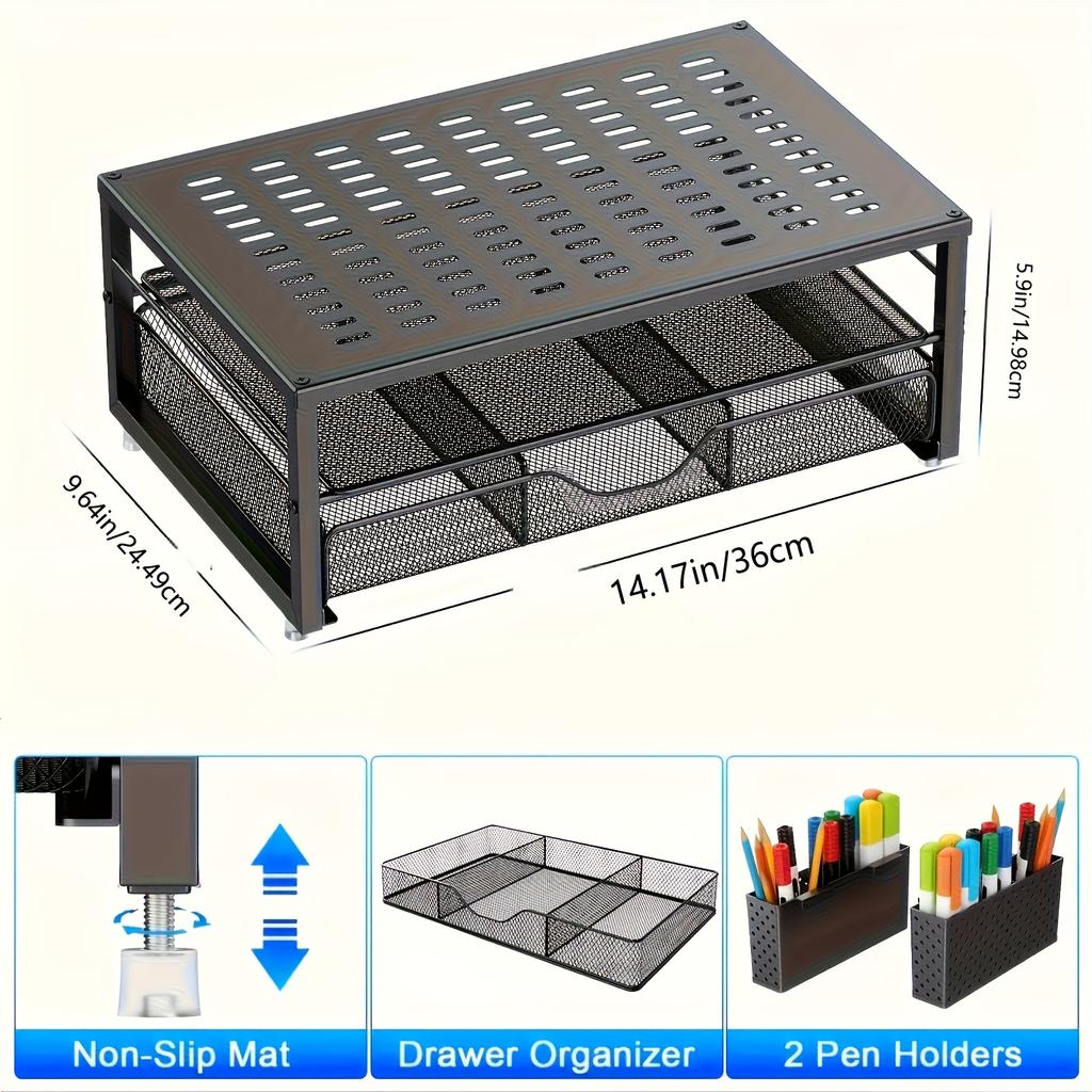 Heavy Duty Metal 2-Tier Printer Stand with Storage Drawer, A4 Paper Tray and Pen Holder for Desk Organization, Black