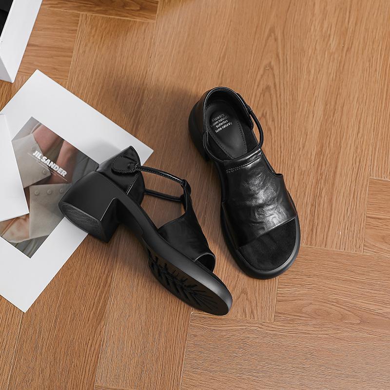 Soft Leather Edition~ French Retro Platform Heel Soft Leather Sandals Women's Summer Simple Velcro Commuter Open-toed Roman Shoes