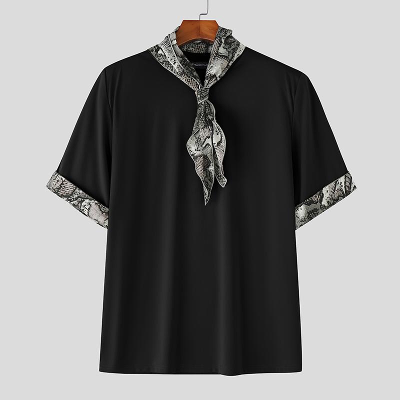 INCERUN Мужские футболки с коротким рукавом на завязках, повседневные топы с леопардовой строчкой