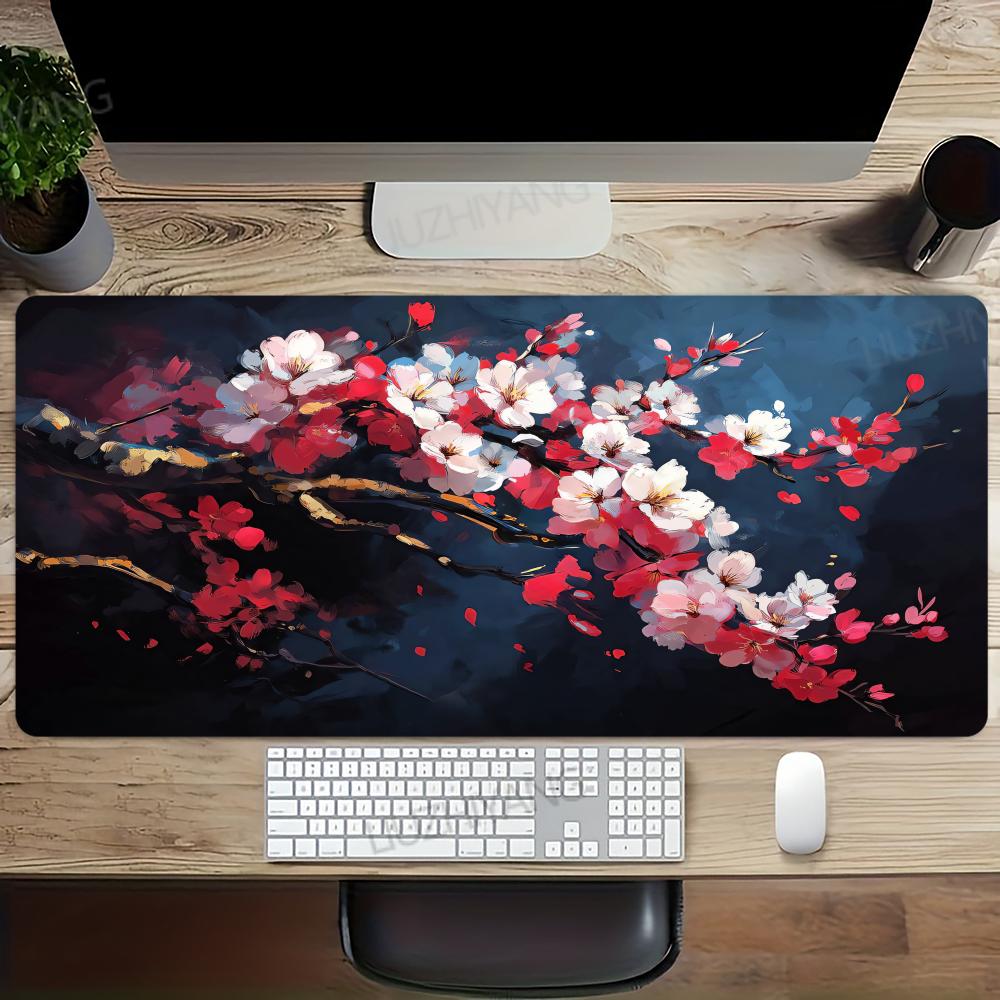 Oriental Ink Red Cherry Blossom Xxl Desk Mat Dark Floral Art NonSlip Rubber Mousepad For Home Office