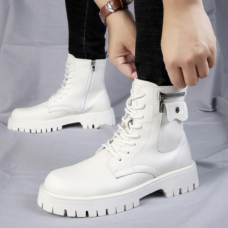 High Quality Men White Boots 2024 Fashion Zip Design Men's Leather Boot Anti-slip Lace-up Man Platform Boots Botas Para Hombre