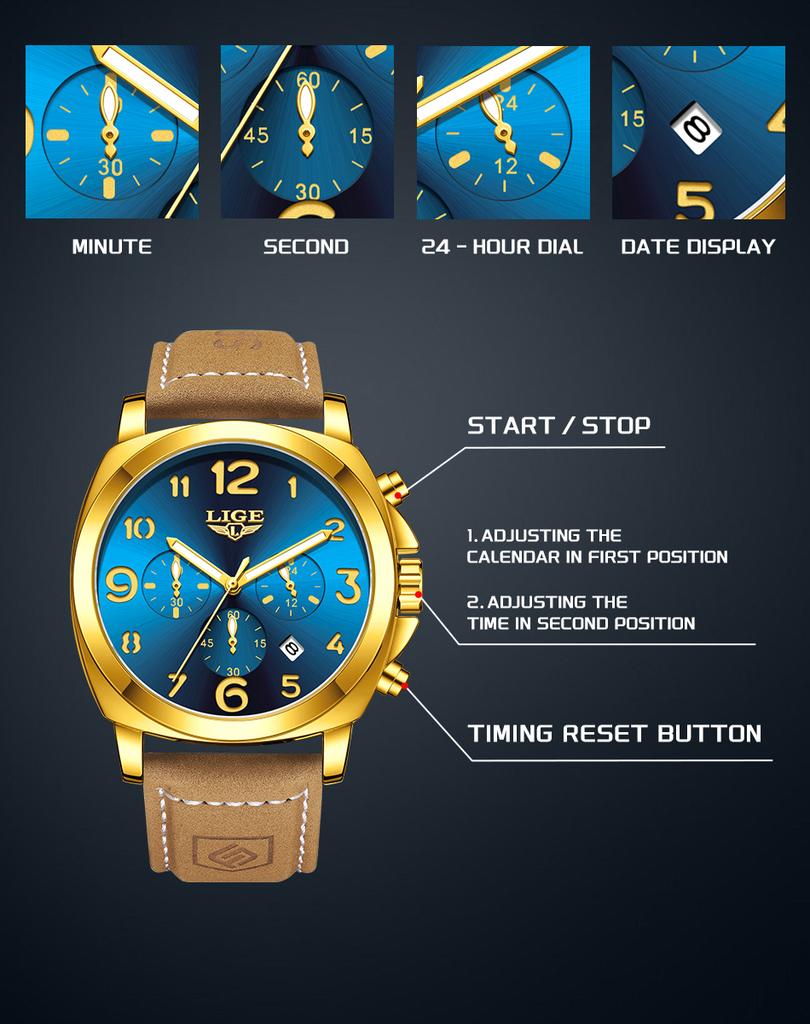 LIGE Luxury Chronograph Waterproof Man Watch Luminous Date Watch for Men Casual Leather Sports Military Men's Quartz Watches+Box