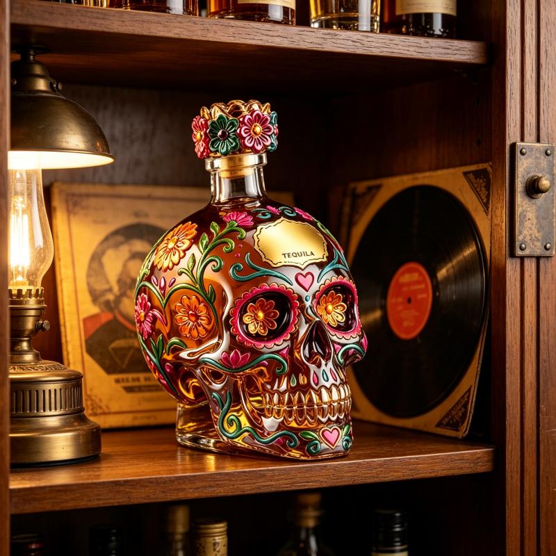 Day of the Dead Sugar Skull Tequila Bottle, Mexican Folk Art Glass Decanter for Bar & Home Decor