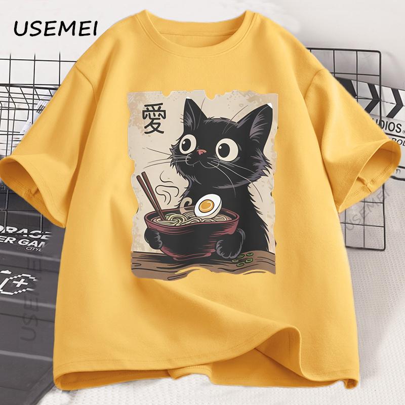 Смешная футболка с котом и раменом, графическая футболка, японская каваий аниме футболка с котом, мужская, женская, повседневная, с коротким рукавом, хлопковая футболка