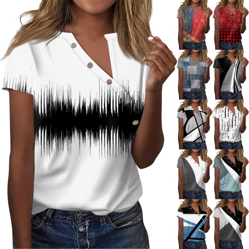 Жен. Футболка Футболка С принтом Пуговицы С короткими рукавами Повседневные Выходные Мода V-образный вырез Обычный Топ