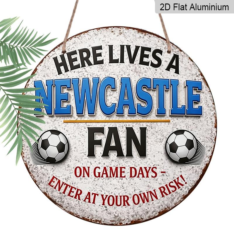 2D Flat Aluminum Newcastle United Fan Decorative Plaques and Ornaments. Vintage Distressed White Background with Football Pattern Wall Decorations