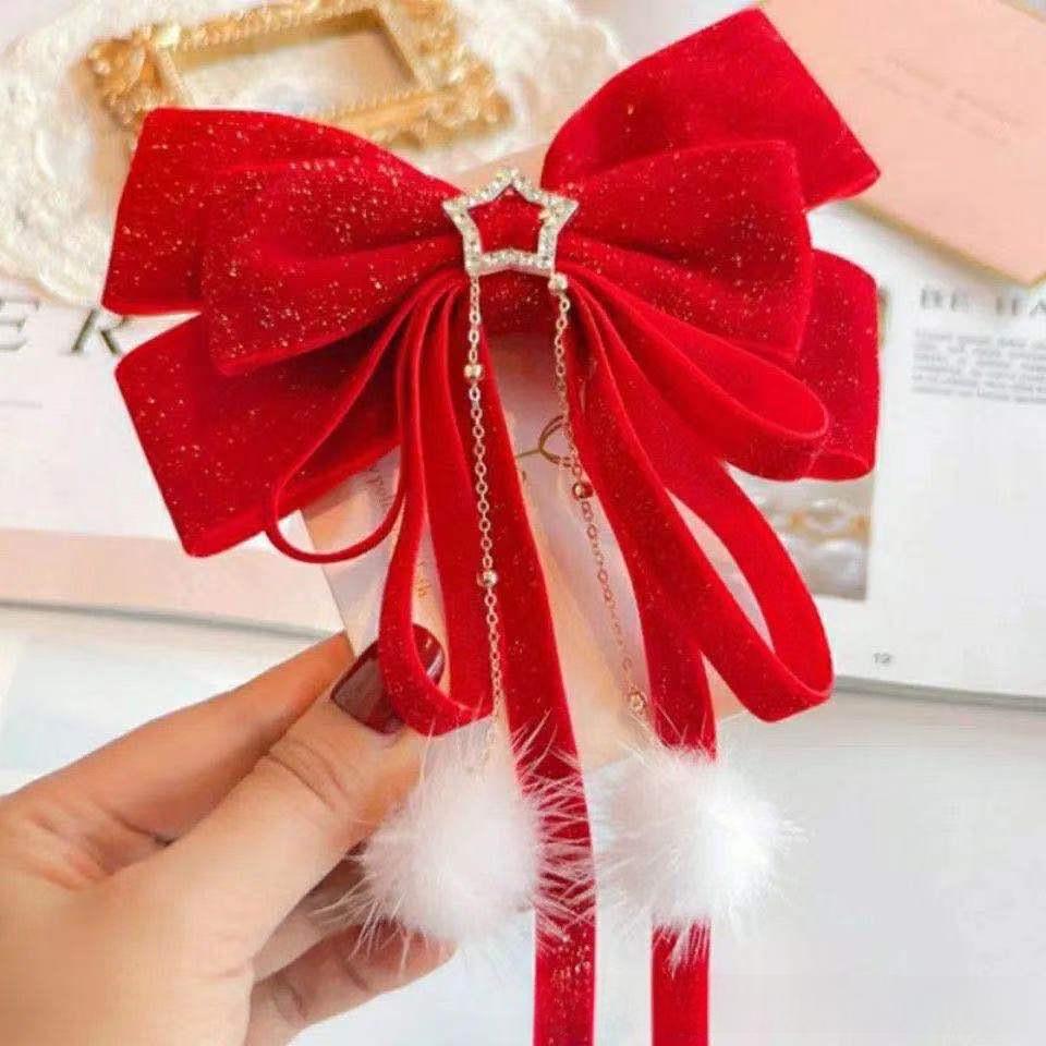 Праздничные красные новогодние аксессуары для волос: Ленты, банты, шпильки, головные уборы и заколки с кисточками для девочек