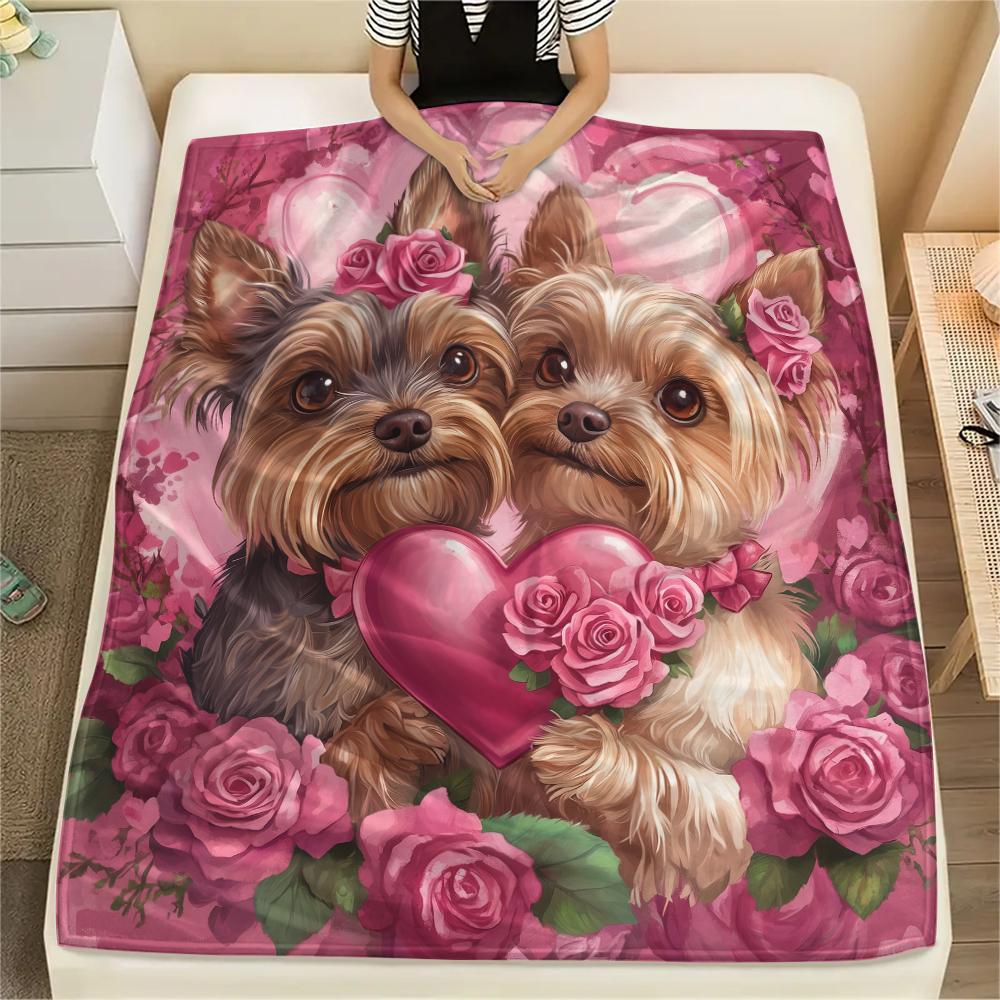 Yorkshire Terrier and Hearts pattern Flannel Blanket, High quality Comfortable for All Seasons, Home Decor, Warmth and Comfort, Perfect for Gifts.