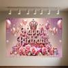 Crown Pink Balloons Background Banner Girls Birthday Party Decorations Flower Photography Backdrop Supplies Photo Shoot Props