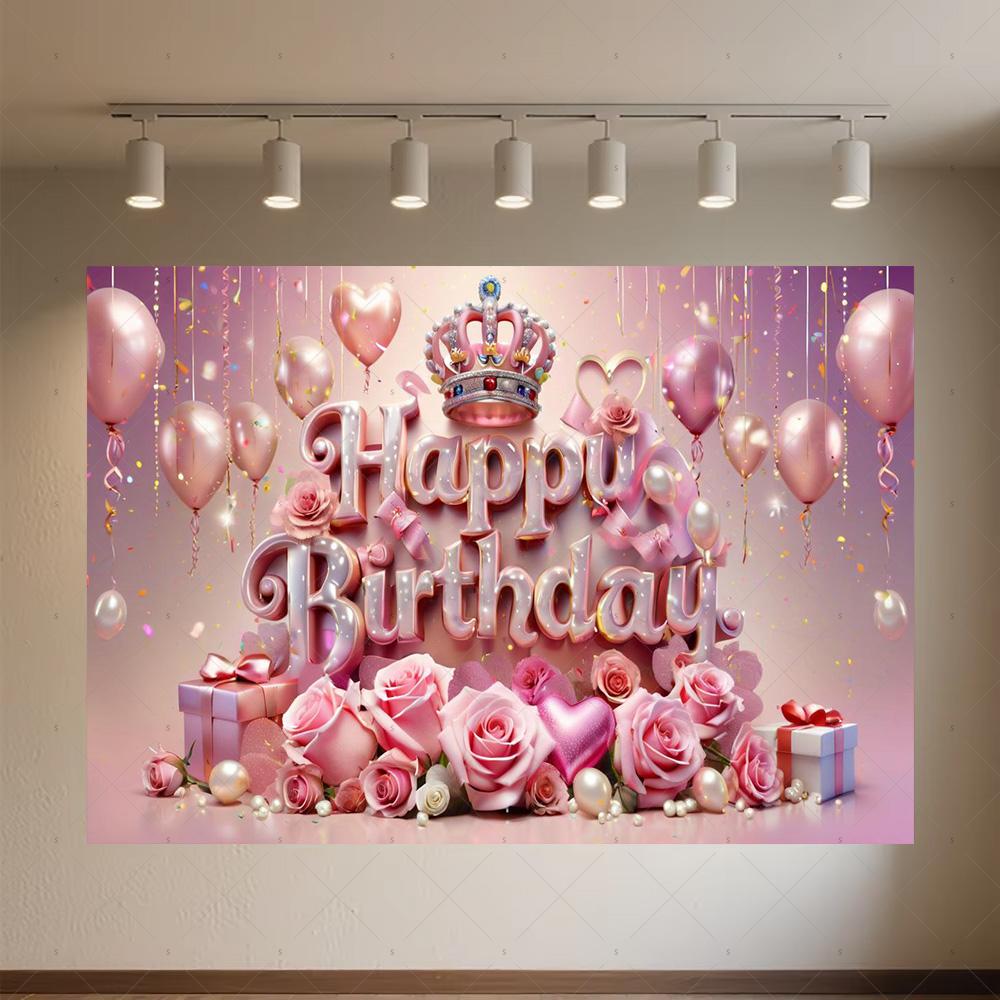 Crown Pink Balloons Background Banner Girls Birthday Party Decorations Flower Photography Backdrop Supplies Photo Shoot Props