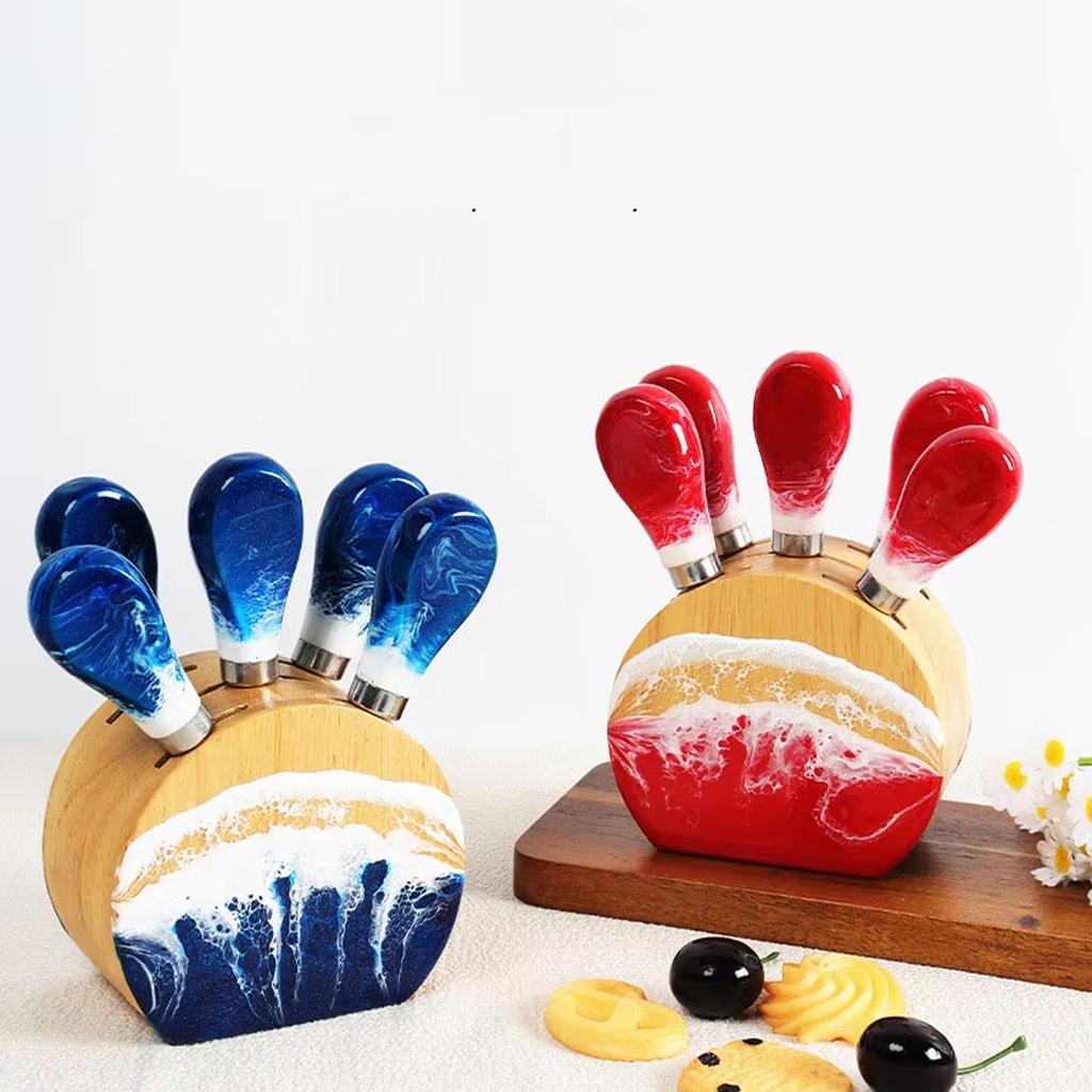 Resin Oak Wood Cheese Knife Set with Round Wooden Stand Includes Four Cheese Knives with Ergonomic Handles Suitable for Cutting and Serving Cheese