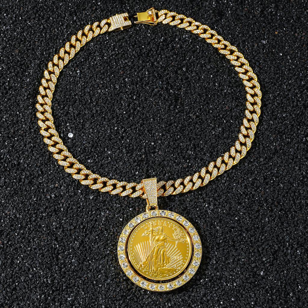 Rotatable Lady Liberty Coin Pendant Medallion 14K Gold Plated Zinc Alloy Full CZ Scepter Goddess Hip Hop Party Jewelry Cuban