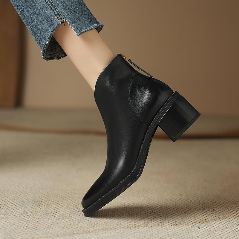 2024 Новые зрелые офисные женские короткие ботинки для женщин осень-зима из натуральной кожи на высоком каблуке с молнией сзади, рабочая обувь для женщин, базовая модель