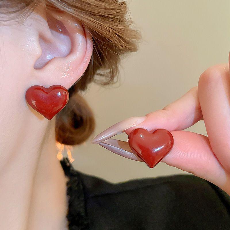 Ankara Red Stud Earrings: Silver Needle Drip Oil, Simple and Versatile Fashion for Women.