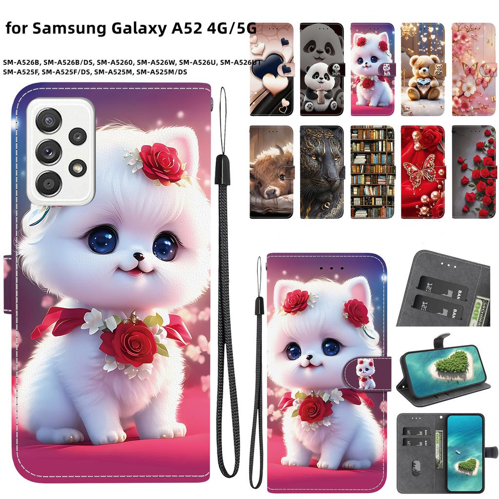 Чехол-книжка из искусственной кожи ручной работы для Samsung Galaxy A52 4G/A52 5G (SM-A525F/A526B)- Противоскользящий ударопрочный чехол с ремешком на запястье и дизайнами в виде сердец/роз и кошек