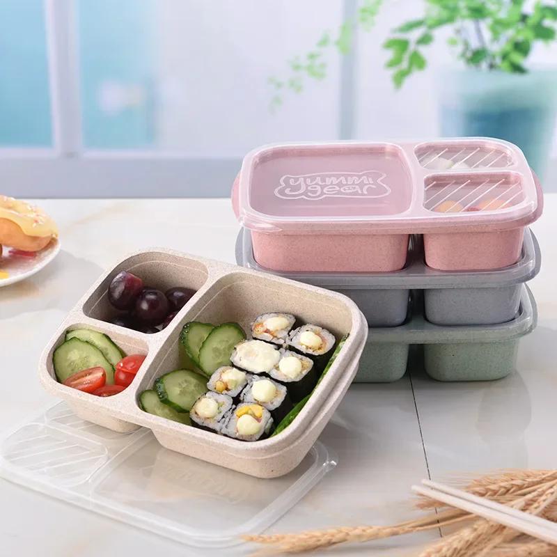 Portable Lunch Box Wheat Straw Bento Box with Compartment Picnic Bento Box Fruit Container Microwave Oven Dinnerware for Student