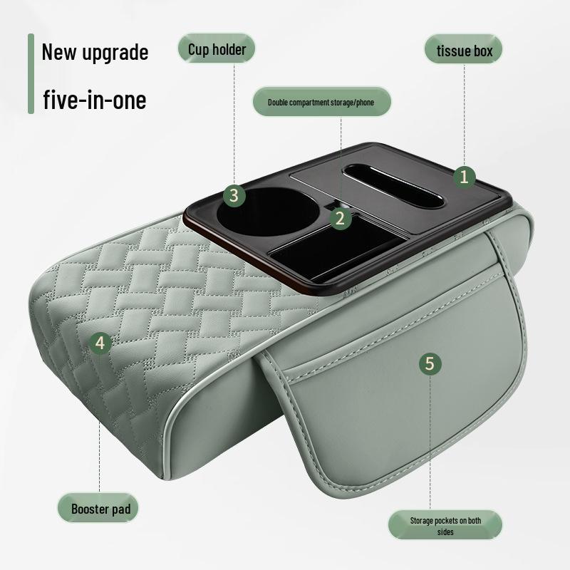 A-Segment Compact Car Armrest Box & Cup Holder Mat with Tissue Storage and Heightening Pad