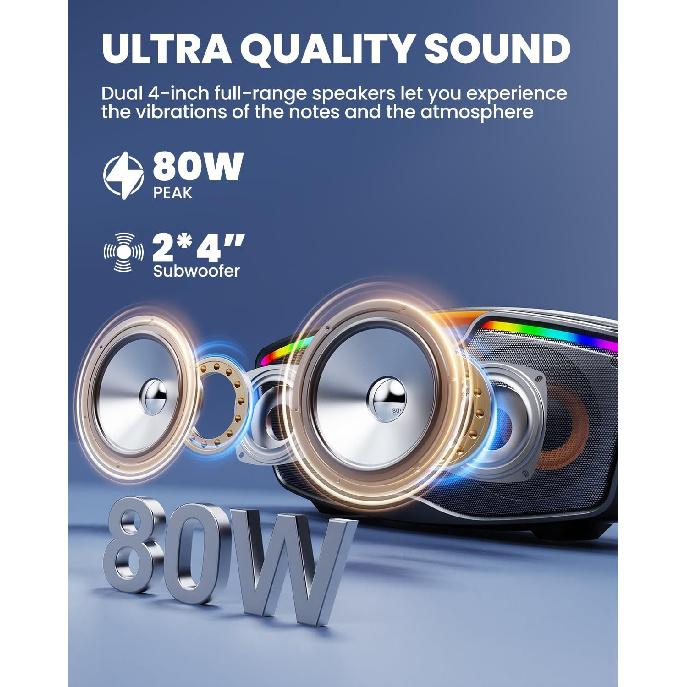 Bluetooth караоке-машина для взрослых и детей, 80 Вт портативная колонка с 2 беспроводными микрофонами, регулировка эха, поддержка USB/AUX/TF-карты