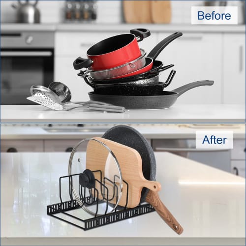 Toplife Pot Lid Stand, Frying Pan and Pot Lid Rest, Multi-Function Kitchen Lid Storage Rack with 7 Compartments, Black