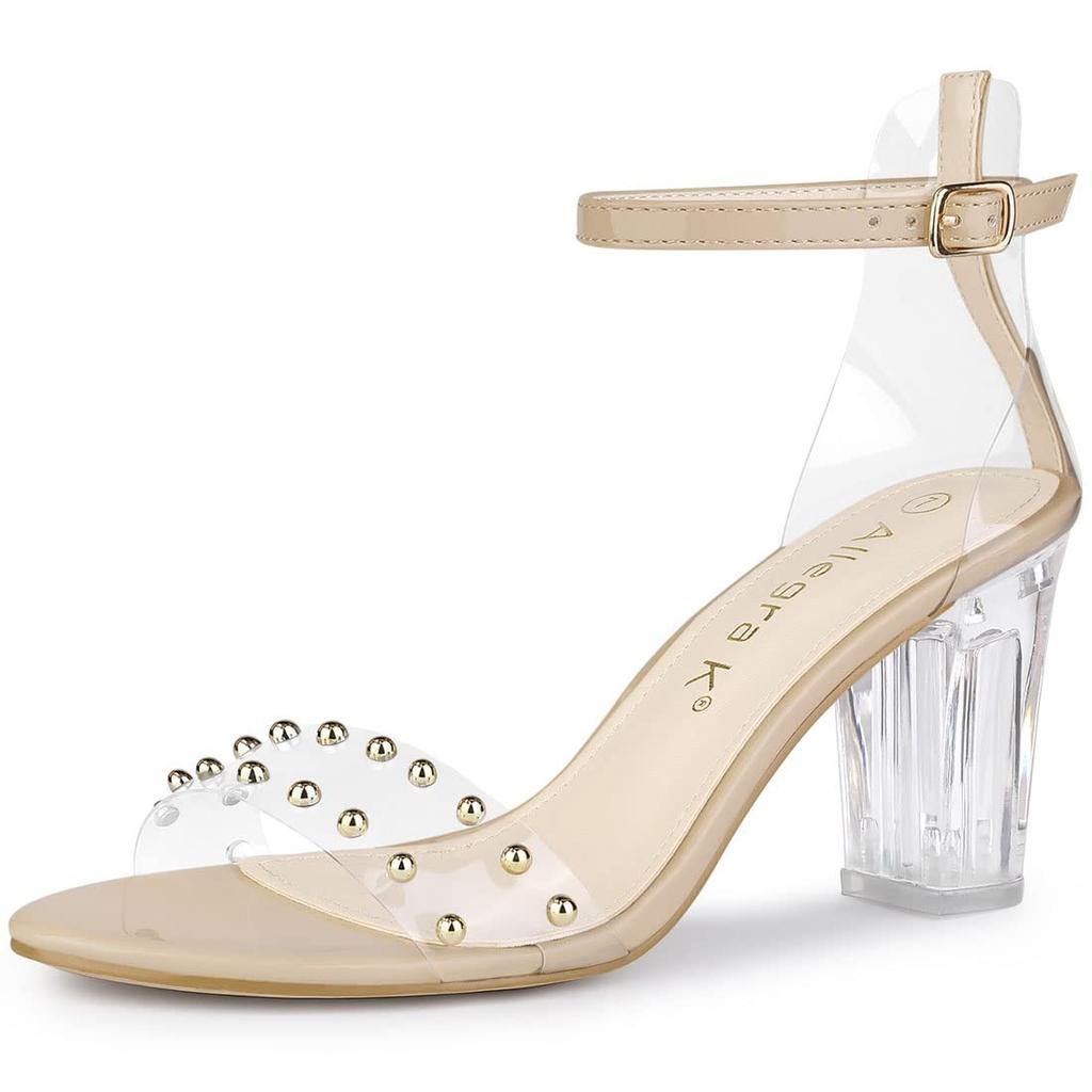 Allegra K Women's Nude Ankle Strap Sandals with Clear Block Heels, Size 23.5cm