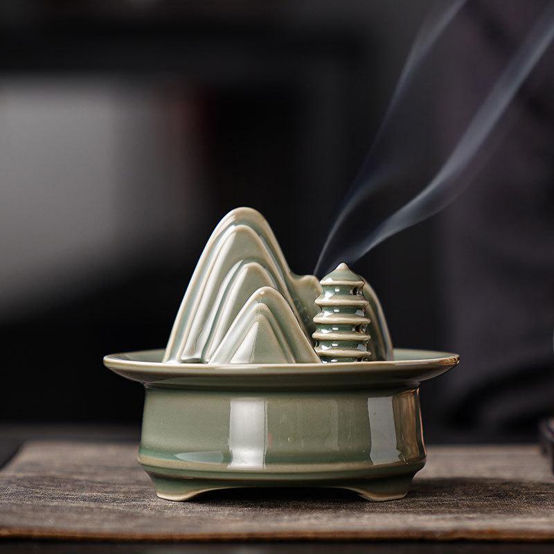 Zen Ceramic Green Mountain Incense Burner Temple Worship Household Indoor Censer Chinese-style Creative Tabletop Decoration