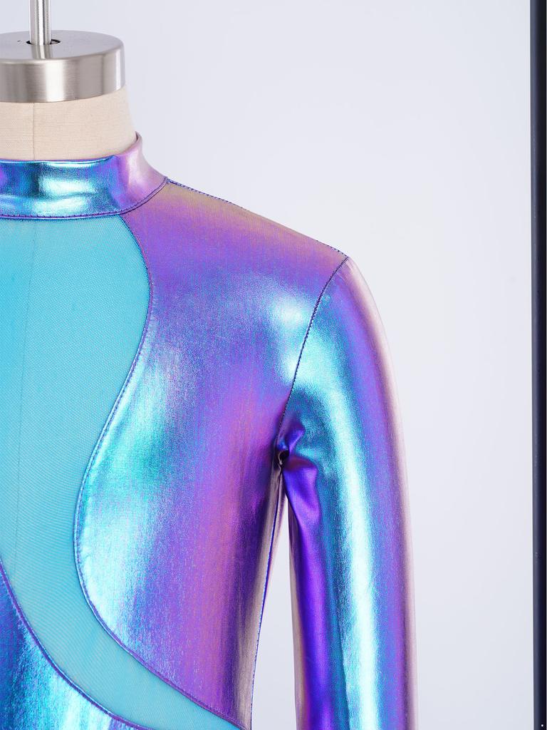 Девочки Сценический комбинезон: Асимметричный металлический боди с воротником-стойкой, сетчатой вставкой на спине, скрытой молнией, одежда для танцев