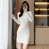 Knitted Sweater Dress Women Autumn/Winter O Neck Long Sleeve Solid Wrapped Hip Bottom Fur Dress Sweater Pullover Female
