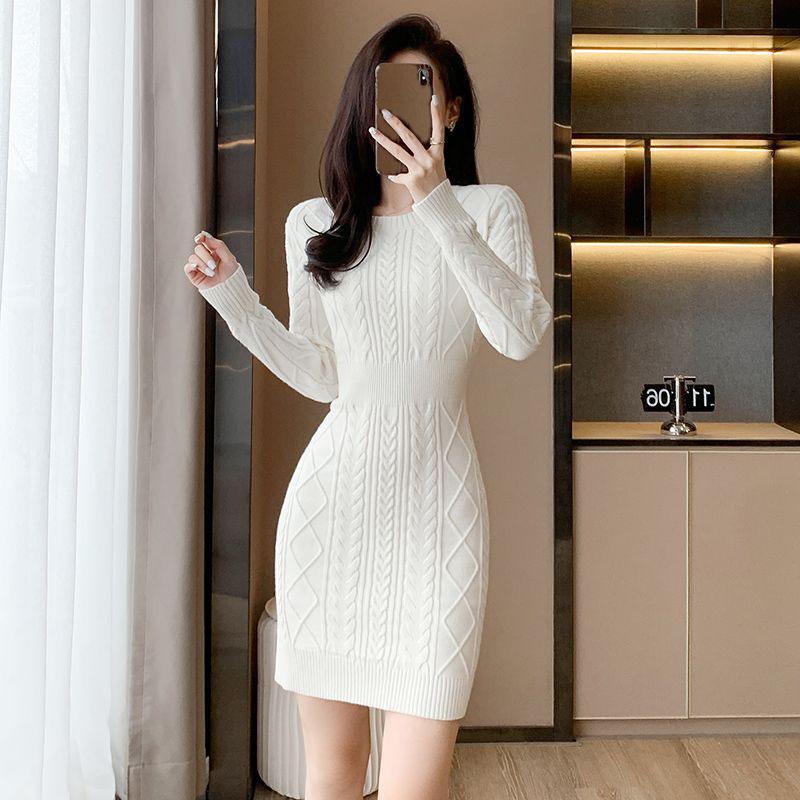 Knitted Sweater Dress Women Autumn/Winter O Neck Long Sleeve Solid Wrapped Hip Bottom Fur Dress Sweater Pullover Female