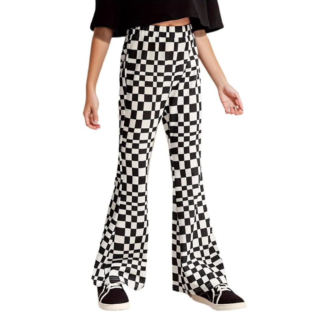 Брюки-клеш в клетку для девочек, весенние и осенние, детские спортивные брюки для отдыха