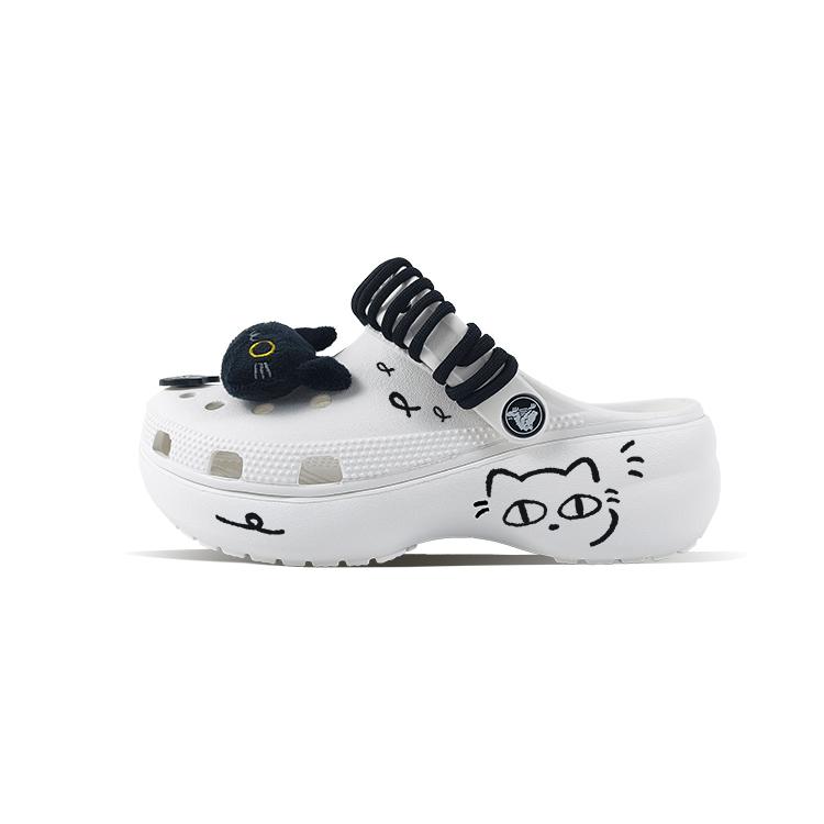 Crocs Классические сабо на платформе из ЭВА с ручной росписью «Черный кот», милые и универсальные, классический нишевый кампусный стиль, обувь с отверстиями, унисекс, белые