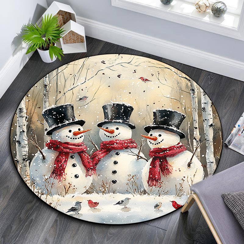Forest Snowman Round Area Rug,Carpet Rug for Living Room Bedroom Sofa Playroom Decor,Non-slip Floor Mat