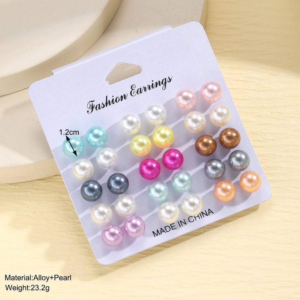 12-Piece Retro Pearl Stud Earring Set: European & American Minimalist Three-Color Collection
