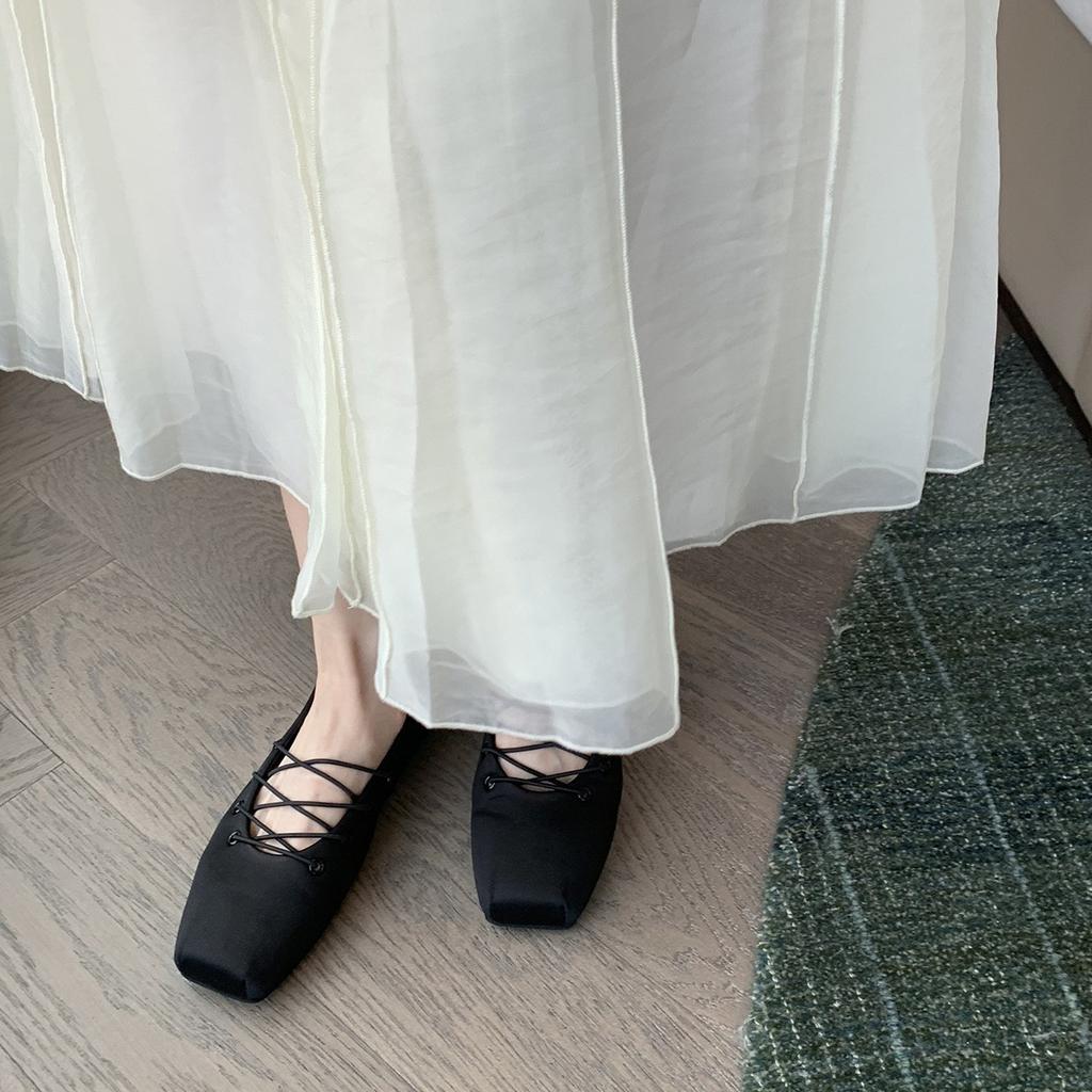 Sheepskin Version of Grape Mother Mary Jane Shoes Women's Single Shoes Extravagant Satin Temperament Square Head Cross with Ballet Flats