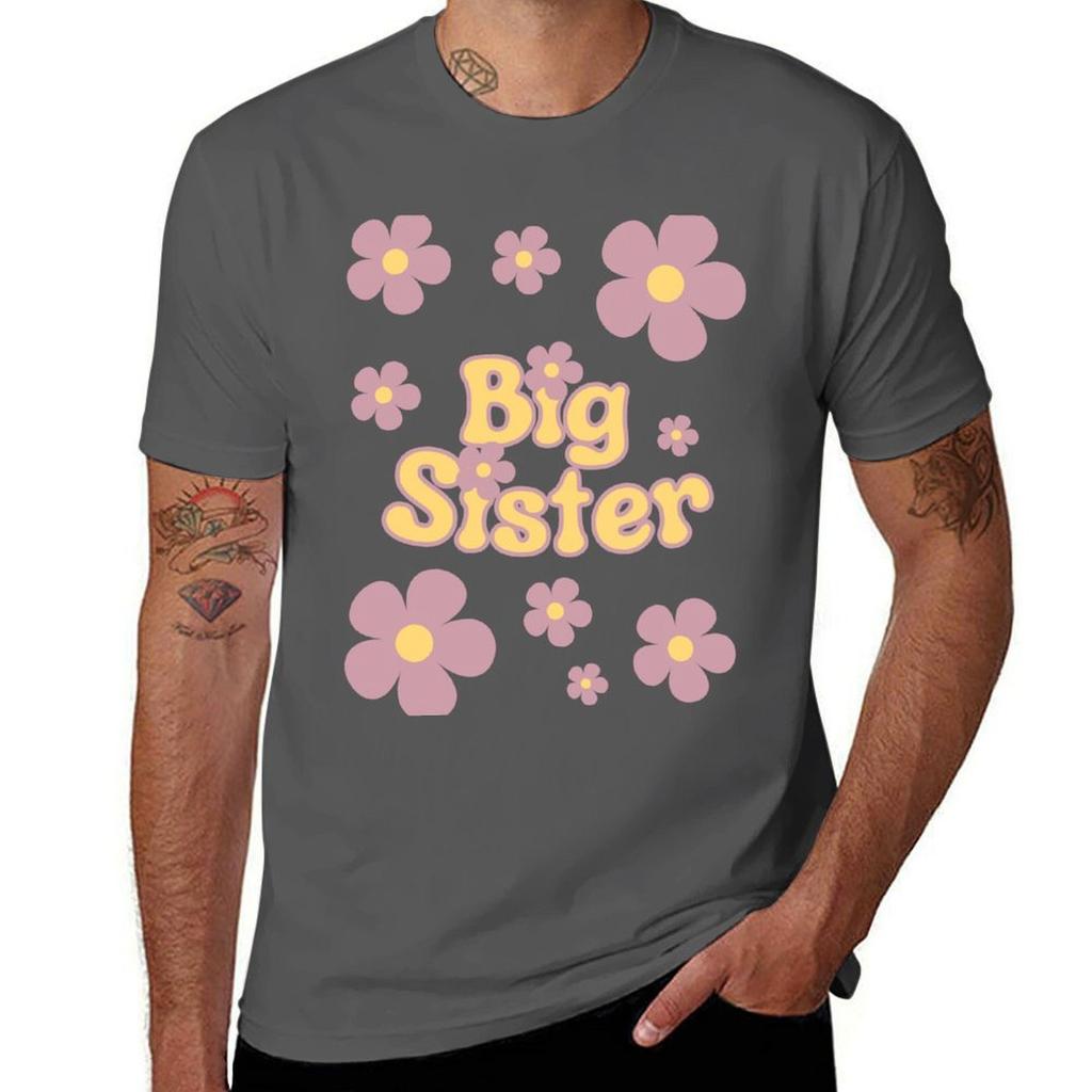 Big Sister Yellow Purple Retro Flowers Tshirt Gym Exercise Short Sleeve Tshirt