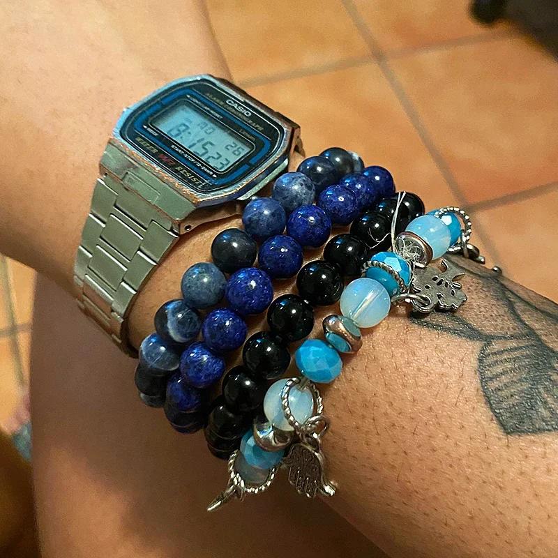 Kirykle Наборы браслетов из натуральных камней 3 шт./набор из обсидиана, гематита, тигрового глаза, браслеты для мужчин для защиты здоровья, ювелирные изделия для души