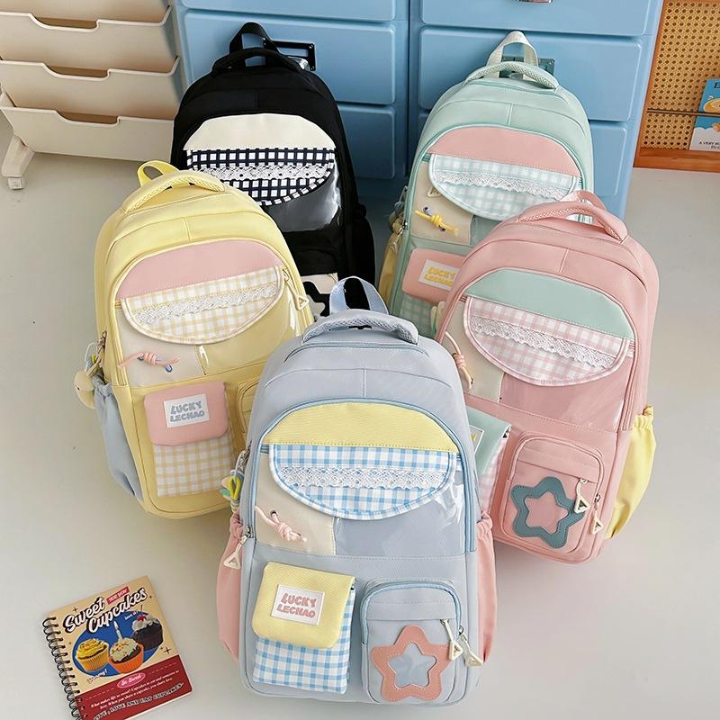 Schoolbag New high-value backpack ins Sweet plaid make-up bag Lightweight travel backpack Middle and high school student schoolbag