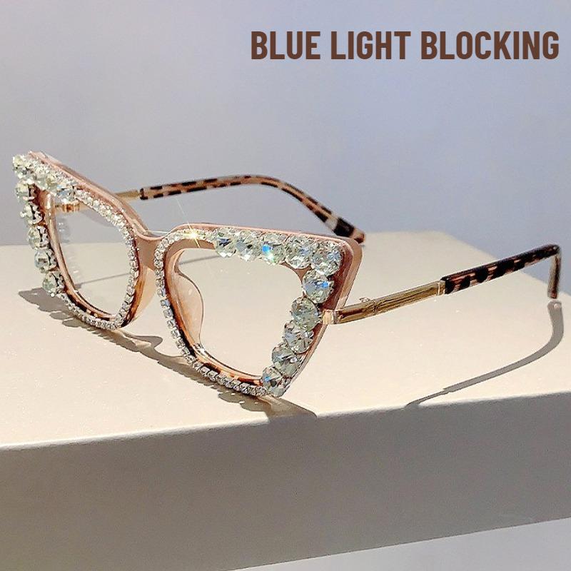 Diamond Decoration Cat Eye Glasses for Women Fashion Blue Light Blocking Computer Gaming Eye Protection Classic Plain Glasses