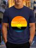 2026 New 100 Cotton Tshirt Retro Gradient Sunset Ocean Seagull Circular Landscape Print Unisexs Casual Tee Casual Short Sleeve