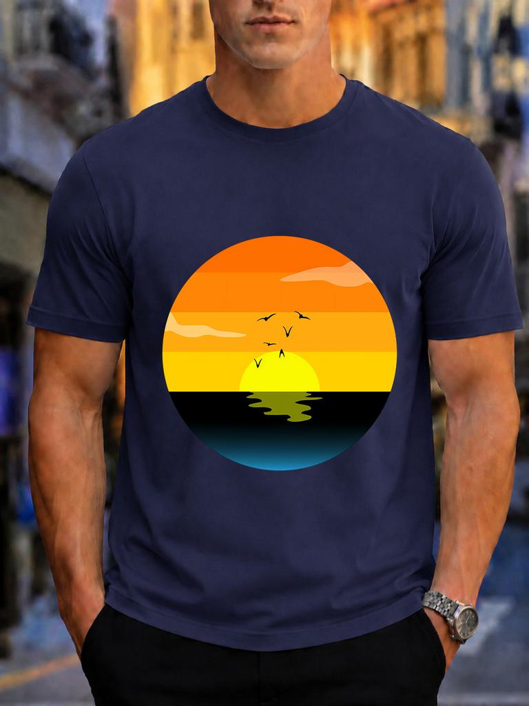 2026 New 100 Cotton Tshirt Retro Gradient Sunset Ocean Seagull Circular Landscape Print Unisexs Casual Tee Casual Short Sleeve