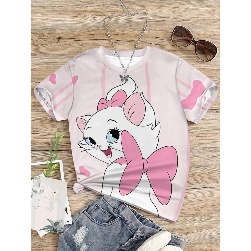 Cute Marie Cat Bow T-Shirt for Kids 3D Printed Design Perfect for Summer Casual Wear