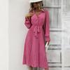 Women Autumn Winter Long Sleeve Flower Print V-neck Casual A-Line Ankle-Length High Waist Dress