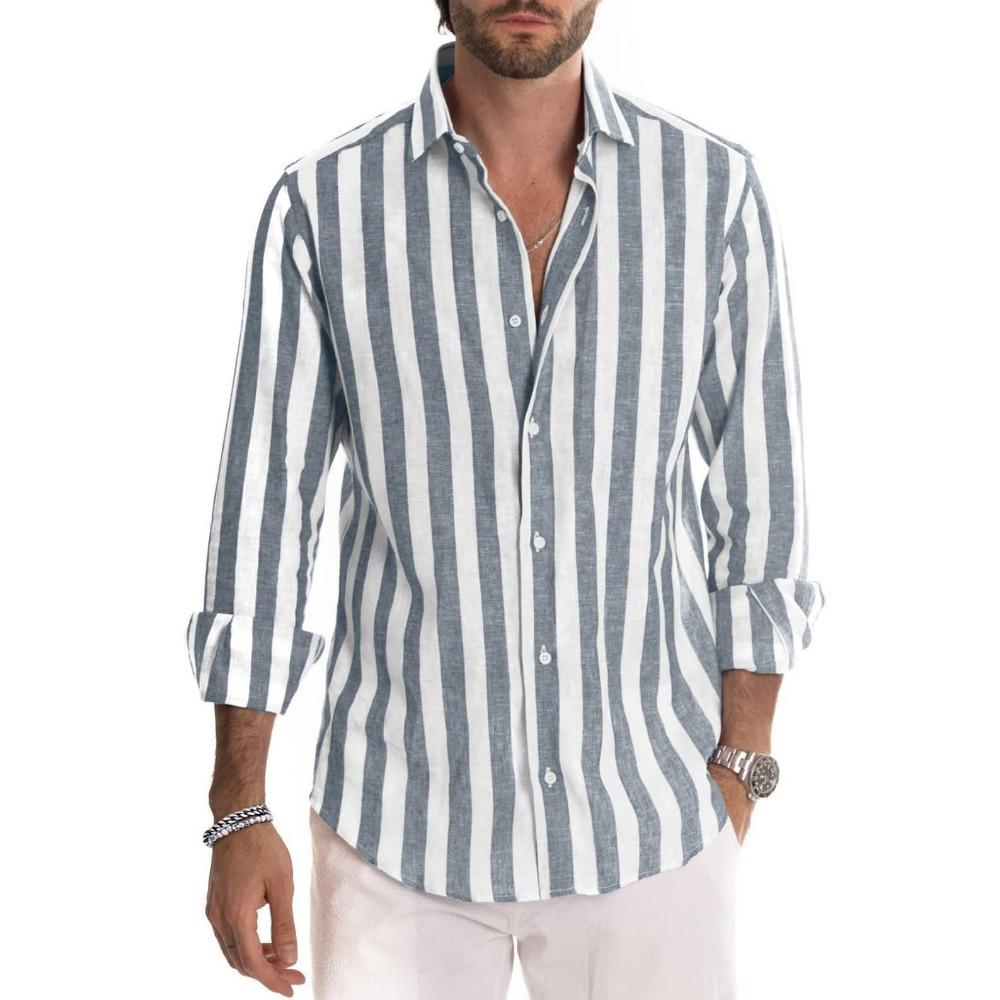 Men's Autumn Long Sleeve Striped Shirt Lapel Loose Tops Man Clothing