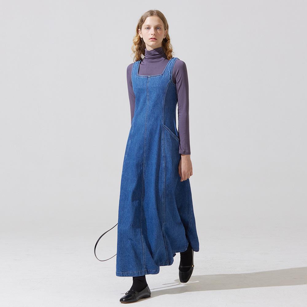 Adowl Clock Denim Long Sleeveless Dress - Blue