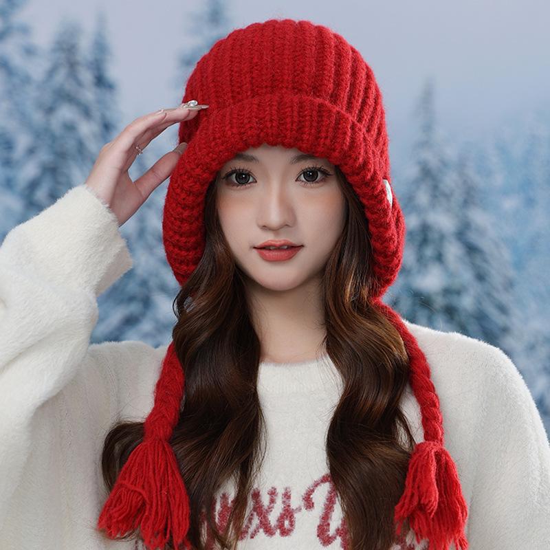 Red balaclava hat women's autumn and winter warm ear protection knitted wool hat showing a small face and cold-proof bag head hat