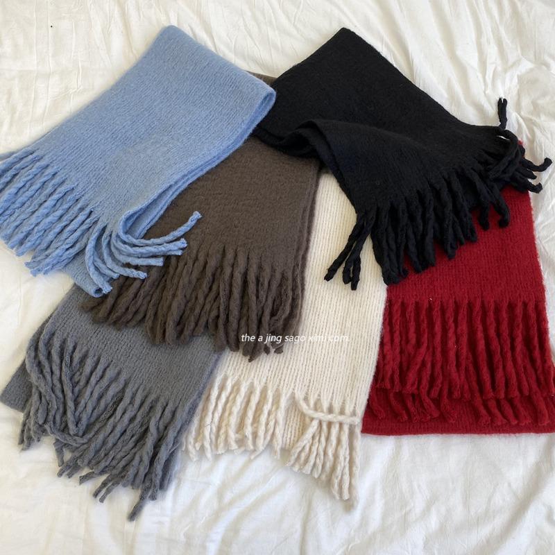 New Christmas Red Scarf Female Winter Couple Thickened Imitation Cashmere Solid Color Knitted Fringed Scarf Male Trend