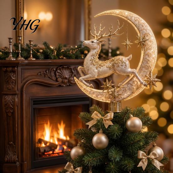 Christmas Tree Topper Lighted Memorial Topper, Angel Red Bird Reindeer Designs Treetop Ornament Spiral Crown with Warm Glow for Decor, Winter Holiday